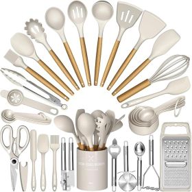 Chef Silicone Kitchen Utensil Set, 34PCS Heat Resistant Kitchen Gadgets and Tools With Grater, Wood Handles for Nonstick Cookware