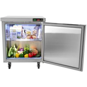 VEVOR 28-inch Stainless Steel Undercounter Refrigerator, 7.4 Cubic Feet, with Fan-Assisted Cooling and Lockable Single Door