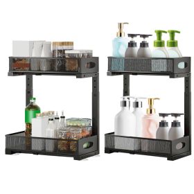 2Pcs Under Sink Organizer 2 Tier Pull Out Cabinet Baskets Storage Shelf Sliding Storage Drawers Rack with 5 Adjustable Height Mesh Baskets for Ho (Color: Black)
