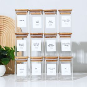 Empty Spice Jars with Label Pack (12x Bamboo Lid Glass Jar). Small 8oz Spice Storage Bottles with 72 Printed Spice Stickers and 20 Writable Pantr (quantity: 12)
